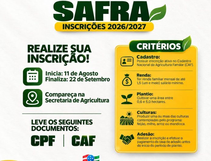 GARANTIA-SAFRA 2026/2027: INSCRIÇÕES ABERTAS