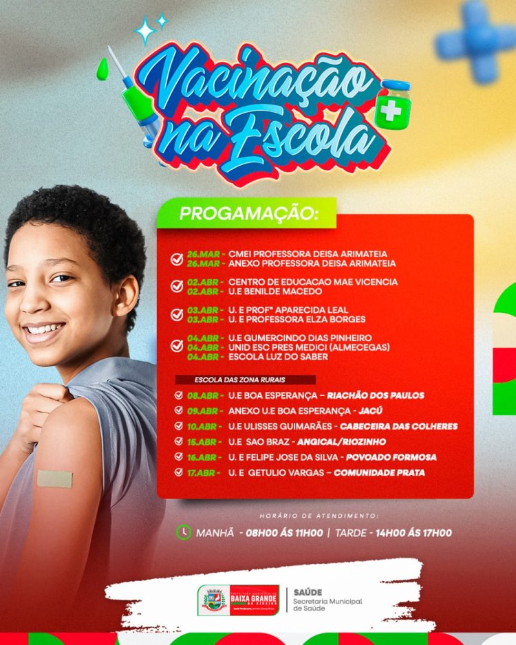 A Secretaria Municipal de Saúde, irá iniciar  a campanha de vacinação nas escolas do município de Baixa Grande do Ribeiro 2024