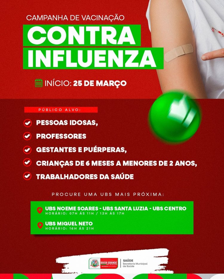 Secretaria Municipal de Saúde inicia Campanha de Vacinação contra Influenza em Baixa Grande do Ribeiro