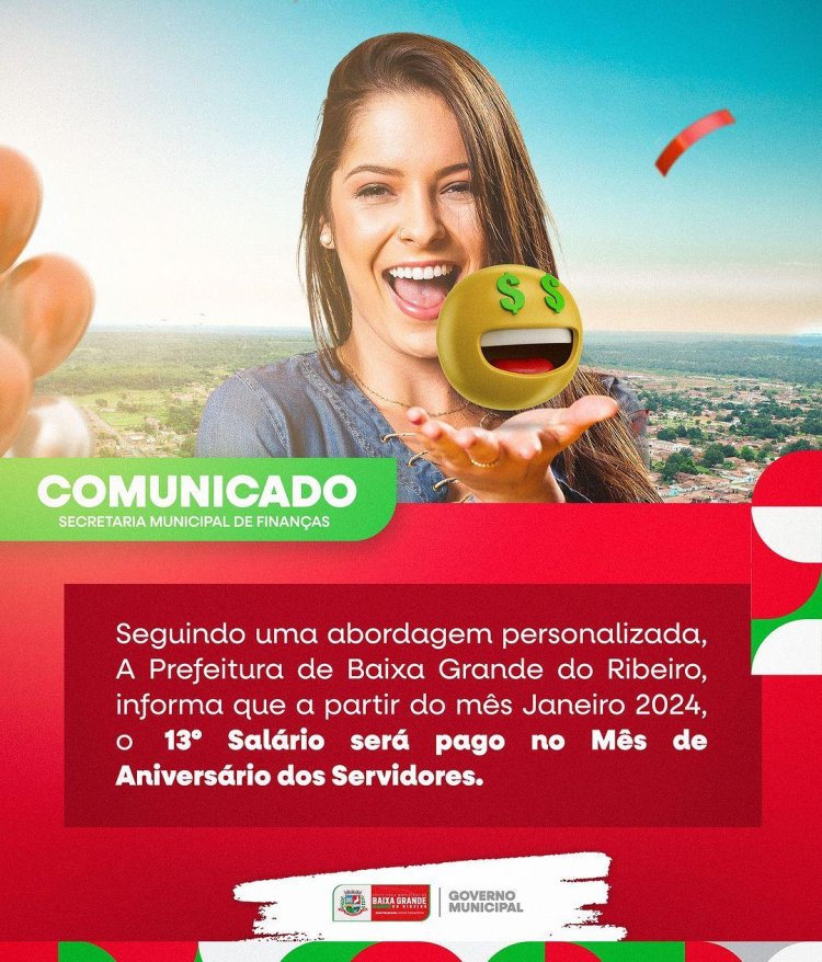 Governo de Baixa Grande do Ribeiro, pagará  13º Salário  aos servidores no Mês de aniversário a partir de 2024
