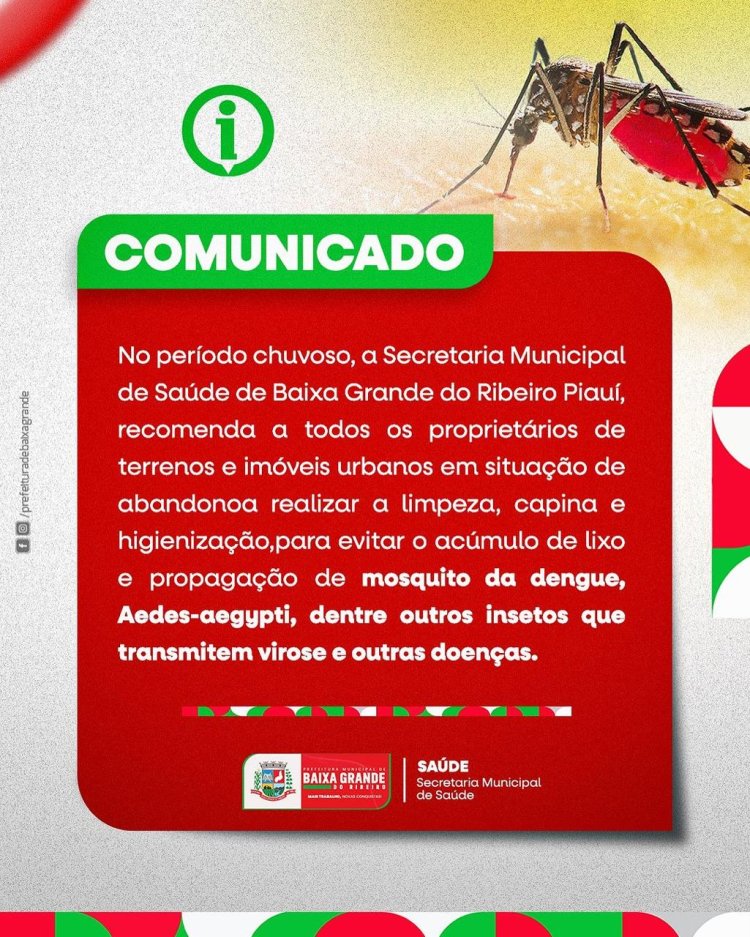 Prefeitura de Baixa Grande do Ribeiro, recomenda que proprietários de terrenos e imóveis urbanos, realizem a limpeza dos mesmos em período de Chuvas