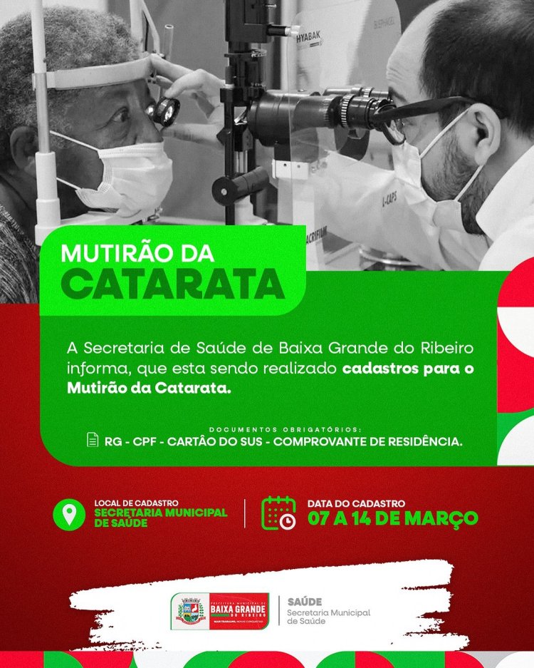 Secretaria Municipal de Saúde informa a população que estão abertas as incriçoes oara o mutirão de catarata