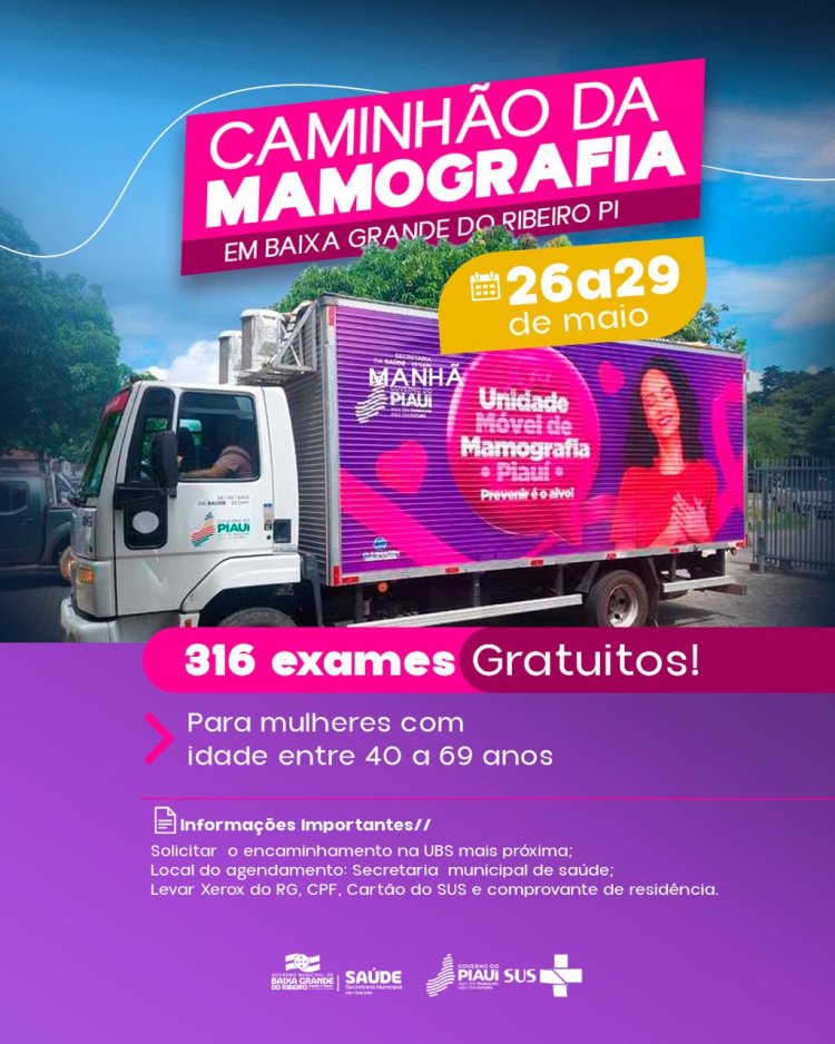 Caminhão da Mamografia estará em Baixa Grande do Ribeiro de 26 a 29 de maio com 316 exames gratuitos